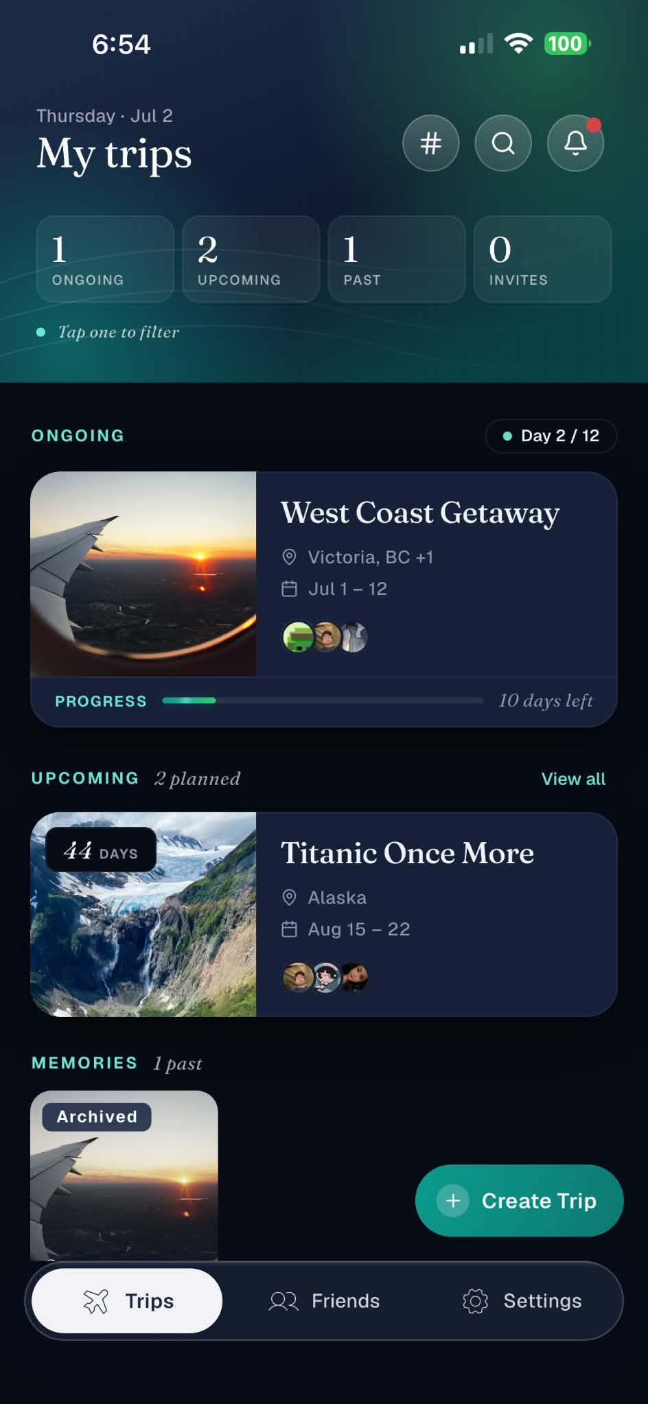 Atlas trip dashboard showing ongoing and upcoming trips
